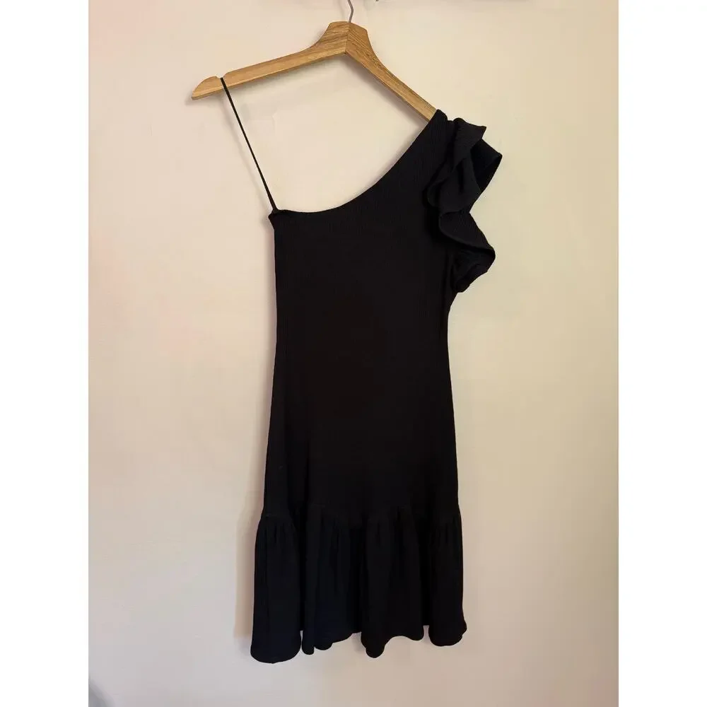 Rebecca Taylor One Shoulder Ribbed Black Jersey Dress Size XS